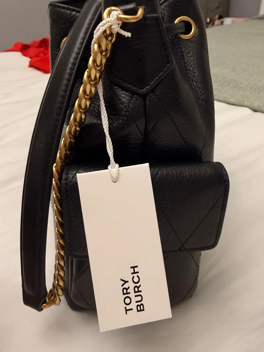 Tory Burch Black Quilted Leather Drawstring Shoulder Bag with Gold Hardware